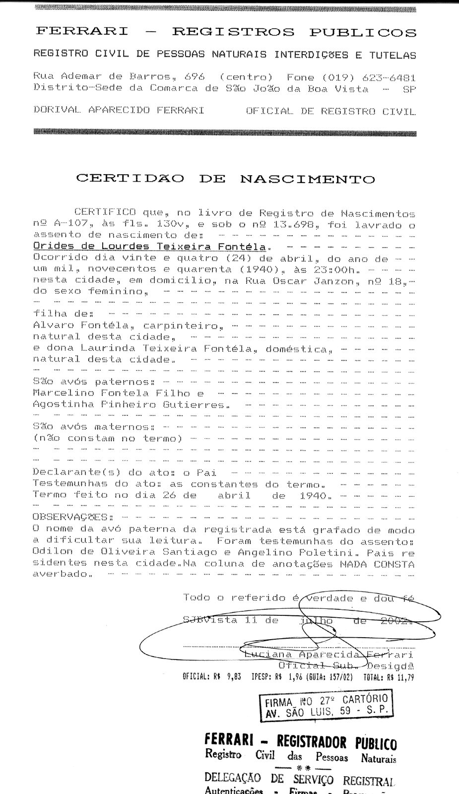 Certidão de Orides Fontela