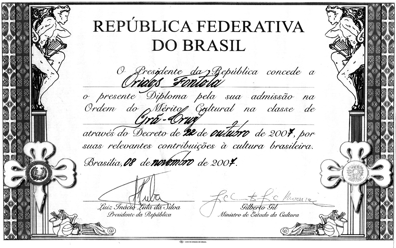 Diploma da Ordem do Mérito Cultural concedida a Orides Fontela