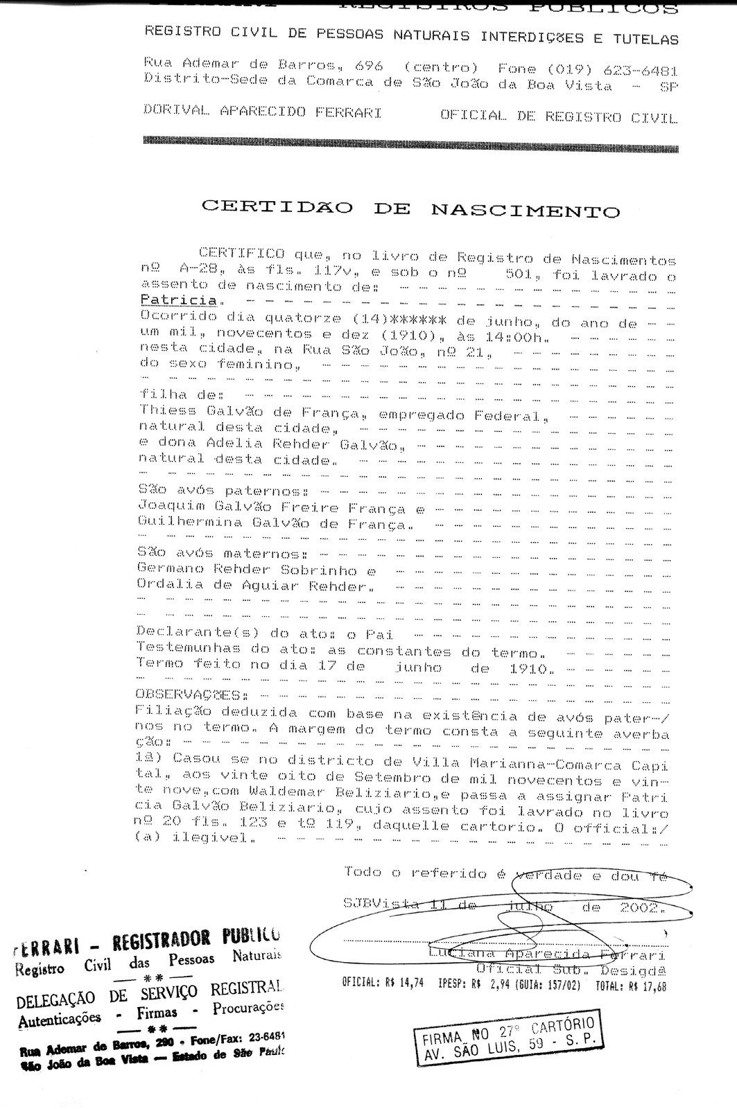 Certidão de nascimento de Pagu